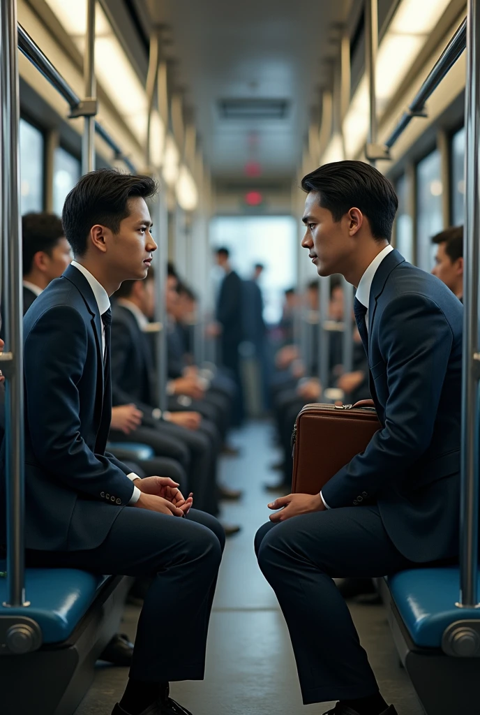 Adult office worker and male student talk formally while sitting on the bus