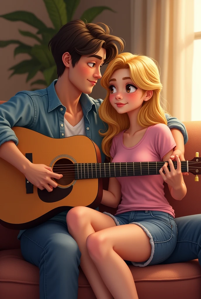 a couple with a blonde woman with freckles on her cheeks pulling at her nose,light brown eyes and arched eyebrows sitting on the couch in jean shorts and a pink shirt, all in love looking at her husband who is by her side playing the guitar.