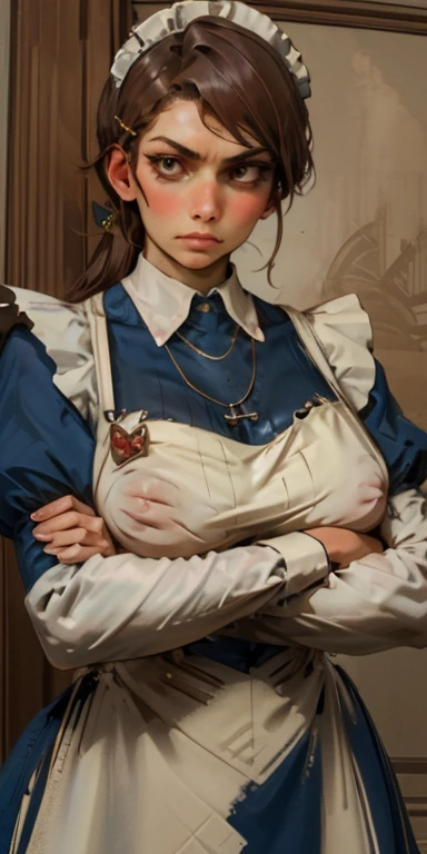 1girl, solo, maid with apron, medium breast hold, breasts, heart brooch necklace, closed mouth, crossed arms