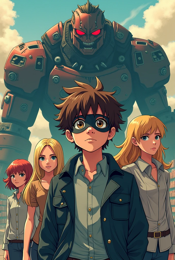 Affiche de titre de style manga avec au premier plan un jeune garçon inquiet aux cheveux bruns bouclés et aux yeux jaunes habillé comme un gentleman loyal avec une casquette d'amiral et un masque couvrant la moitié gauche de son visage , autour de lui une femme musclée blond au habit de mécanicienne qui sourit, une jeune fille rousse en robe inquiète et un garçon au bras robotique au regard déterminé Et en arrière-plan un grand plan du énorme monstre terrifiant fait de pièces de train