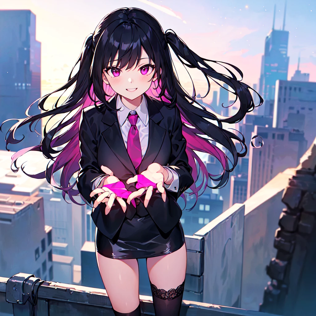 masterpiece, best quality, high quality, extremely detailed, very delicate and beautiful, (1 female 1 solo:1.5), (two side up long black hair:1.5), bangs to eyebrows, eyes sharp and bright (eye color magenta:1.3), 6.5 head height, (office lady in black suit and tight mini skirt:1.3), (knee socks), (lace), (standing), (dynamic pose), (smiling), (background skyscraper rooftop:1.3), (Milky Way Night Sky:1.3), (upper body:1.3)