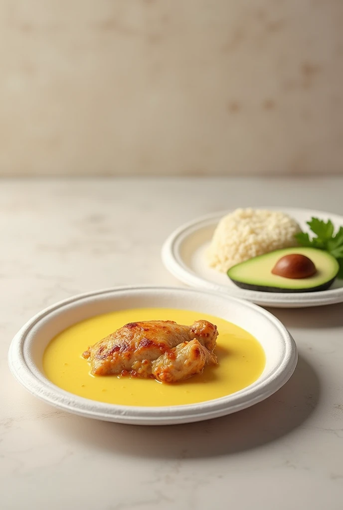 (photorealism:1.2), Improve image white styrofoam plate with yellow soup with a portion of chicken on top of the soup , Next to it a separate styrofoam plate with rice and a portion of avocado. The two plates are left next to each other..