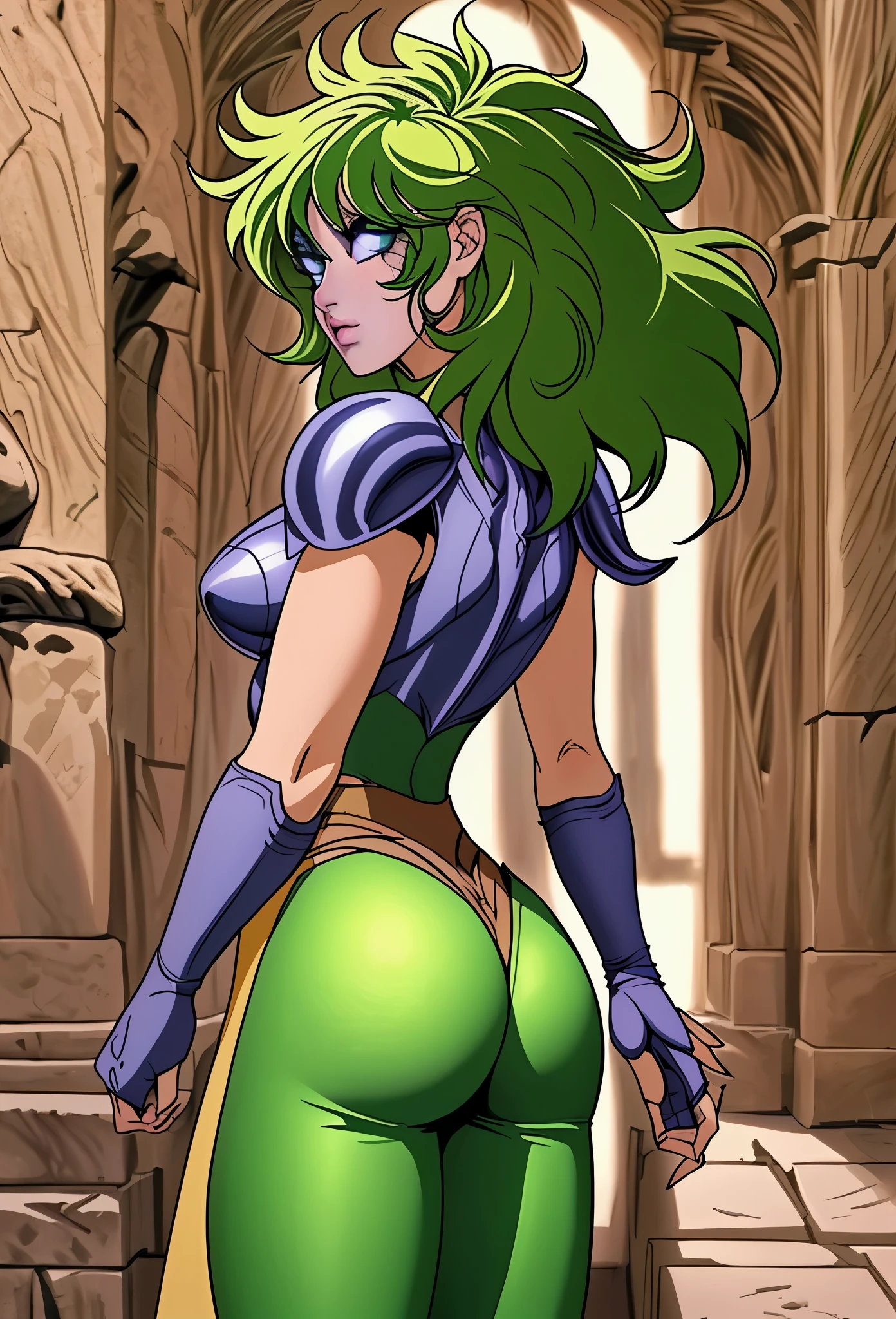 Portrait of sh41n4cdz woman wearing an armor, green eyes, lips, in ancient greece, view from behind, focus on ass, perfect ass, cute butt, green hair, serious, yellow sash
