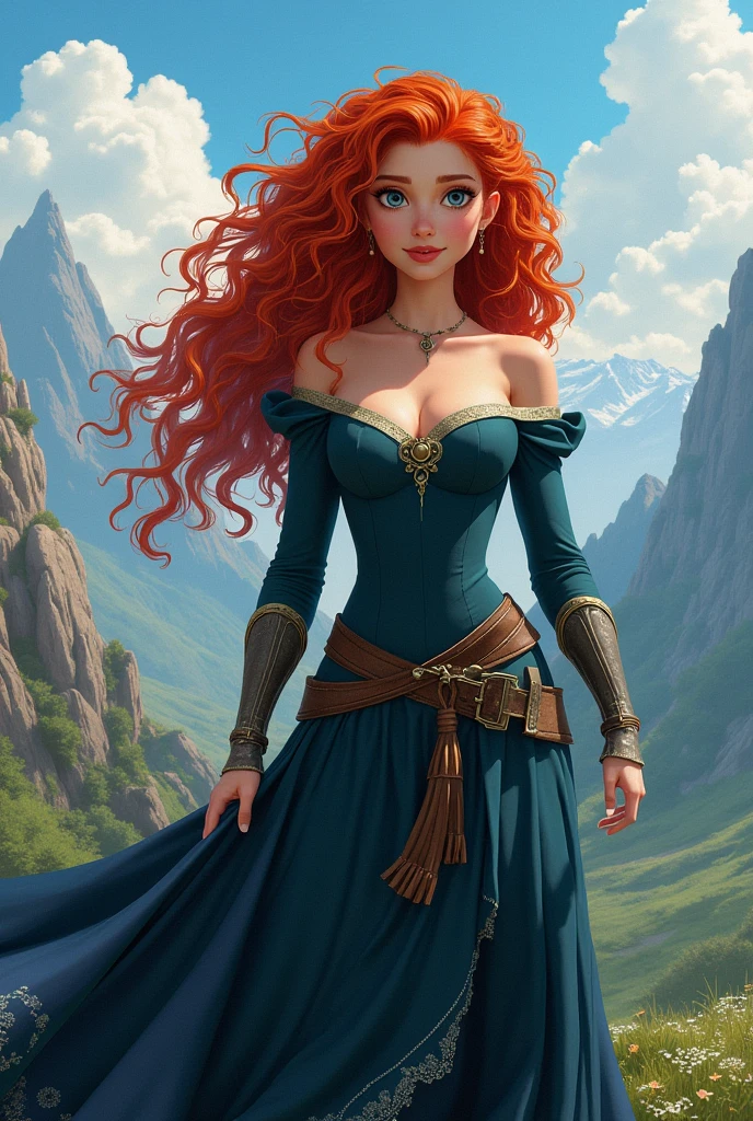 Draw Merida with big boobs topless realistic version on the mountain 
