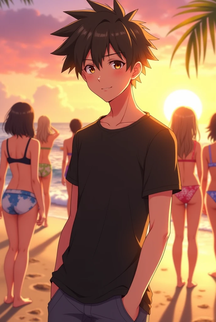 Create an image featuring a 20-year-old anime boy standing on a beach during sunset, wearing a black t-shirt. He has a mischievous and flirty smile on his face, looking forward confidently. In the background, several girls in swimsuits are enjoying the beach, creating a lively and playful atmosphere. The sun is shining brightly, and the waves gently crash onto the shore, adding to the vibrant, summery scene.