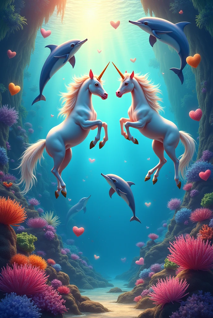 Unicorns with dolphins and corals and happy hearts with many colors in a sunset 