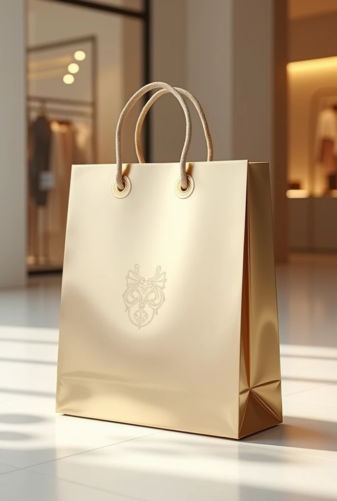 Create an image post of a gleaming shopping bag in golden, white and beige tones, symbolizing craftsmanship and innovation. The shoping bag should be prominently featured against a minimalistic background, conveying a sense of anticipation and excitement. Include subtle hints of a shop or storefront in the background to suggest that we will soon be opening a store. Overall, the image should evoke a feeling of quality and readiness, inviting our audience to look forward to our upcoming launch