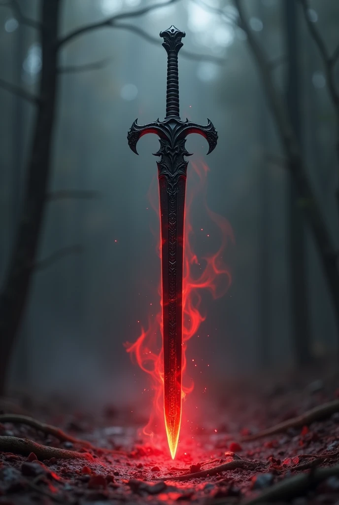 hyperrealistic, a long sword with the black obsidian blade, the red tip from the burning heat it gives off, floating in the air, blood swirling around the sword