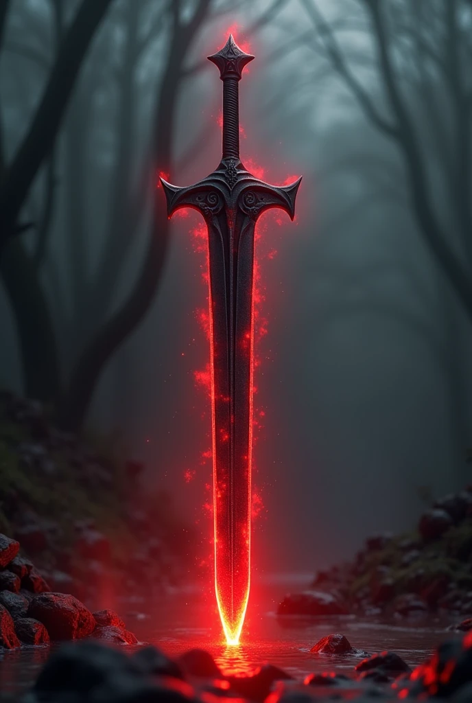 hyperrealistic, a long sword with the black obsidian blade, the red tip from the burning heat it gives off, floating in the air, blood swirling around the sword