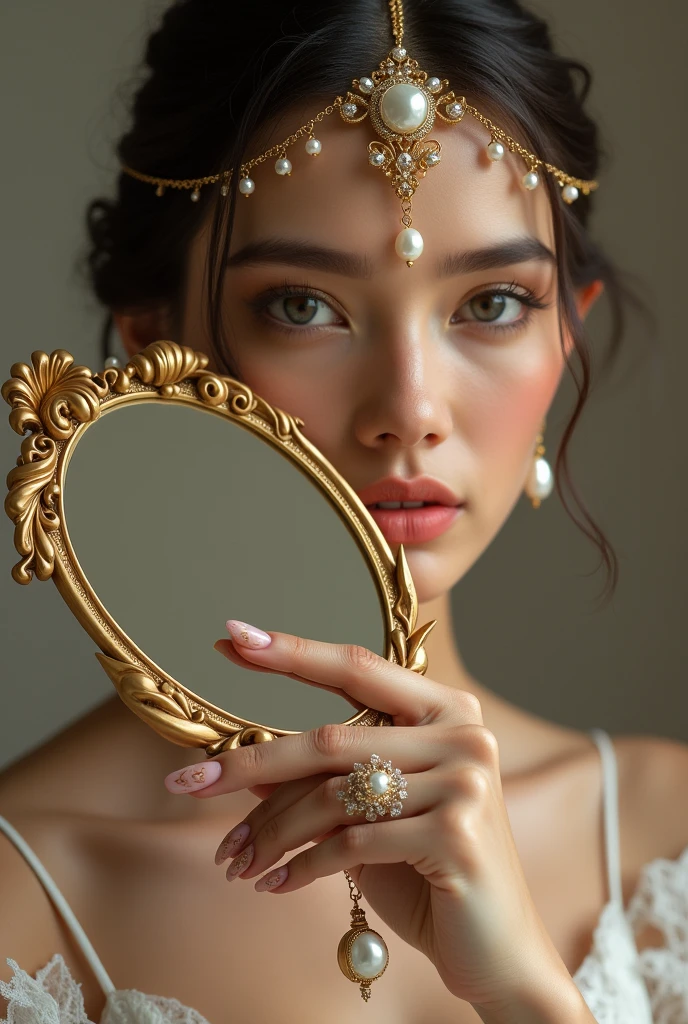 Woman holding a mirror with pearls and a ring, photo of a hand jewelry model, Wearing elegant jewelry, Gold and pearls, exquisite fine details, gold jewelry, gold-plated jewelry, gold jewelry, exquisite details, detailed jewelry, gold jewelry, jewelry beads, elegant and ornate, ornate and elegant, detailed jewelry, gold jewelry, Very detailed and beautiful nails , Elegant and eye-catching nails , wonderful and magical nails
