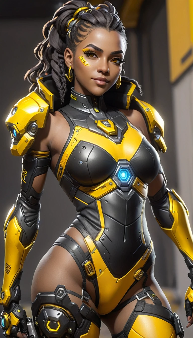 a woman in a amarillo y negro outfit posing for a picture, Arte cyberpunk inspirado en Yang J, Tendencias en la sociedad CG, conceptual art, Senna de League of Legends, negro y amarillo, amarillo y negro, como personaje de supervisión, loba andrade de apex legends, elegante piel amarilla, lovely Brigitte de Overwatch, negro y amarillo colors, Brigitte de Overwatch