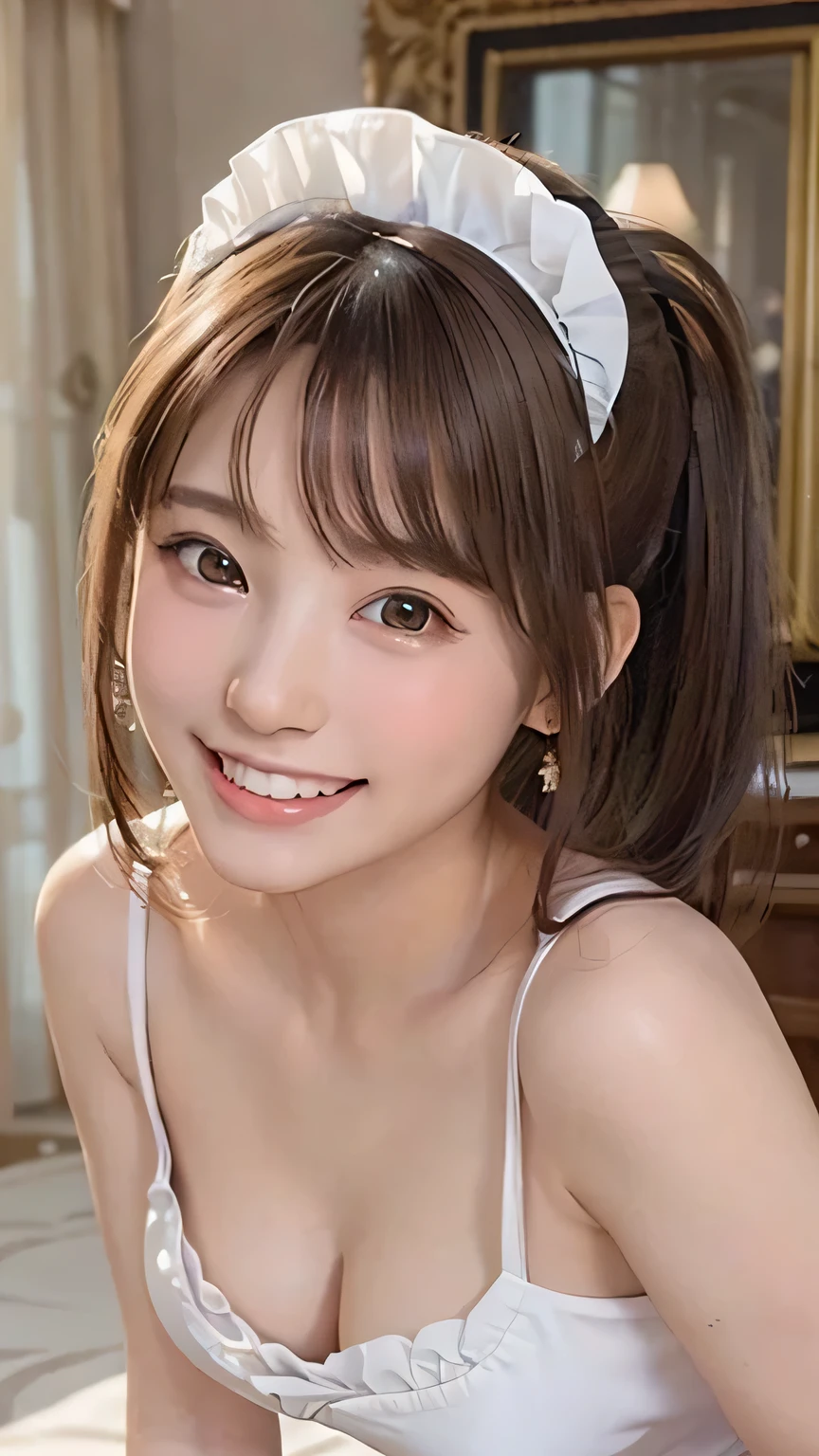 (Highest quality, DSLR, 8k, Highest quality, High resolution, Highest quality, Highest resolution, Very beautiful woman, Perfect anatomy), Light brown eyes, Very light brown eyes, Small diamond-shaped earrings, Looking at the camera, Beautiful brown hair, ((Baby face, loose and cute medium ponytail)), Very short and beautiful bangs with brown hair, E-cup breasts, Not showing the décolletage, Very beautiful 20-year-old, Lip gloss, Smiling very happily, Very cute smile, Upper teeth, Beautiful teeth, (Interior of an elegant mansion (background only), Slightly larger eyes, Small face, Tall supermodel, Beautifully proportioned model, Random cute poses without showing the décolletage in gravure style, Dynamic angle, Eye focus, Head tilt, Very detailed and realistic, Very beautiful 20-year-old, ((Medium Shot)), Sharp jawline, ((Maid outfit)), Deep waistline, Sexy legs, Side view, Smiling very happily, Laughing, Summer daytime