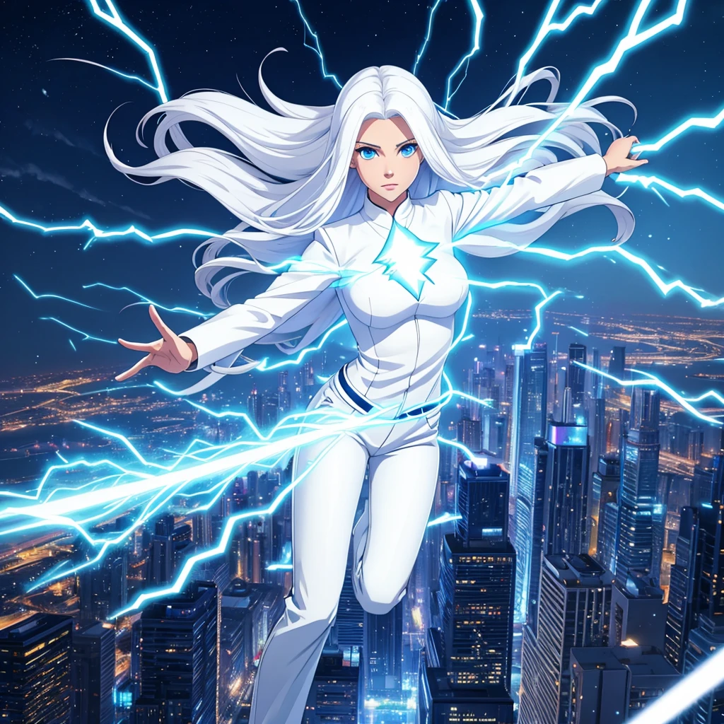 Generate image of young woman with long straight white hair and blue eyes and white outfit and white pants, with powers of electricity that came out of his hands flying over the city