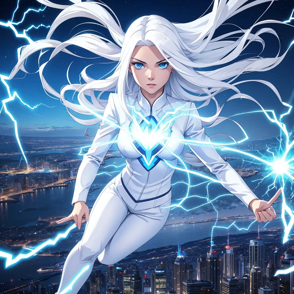 Generate image of young woman with long straight white hair and blue eyes and white outfit and white pants, with powers of electricity that came out of his hands flying over the city