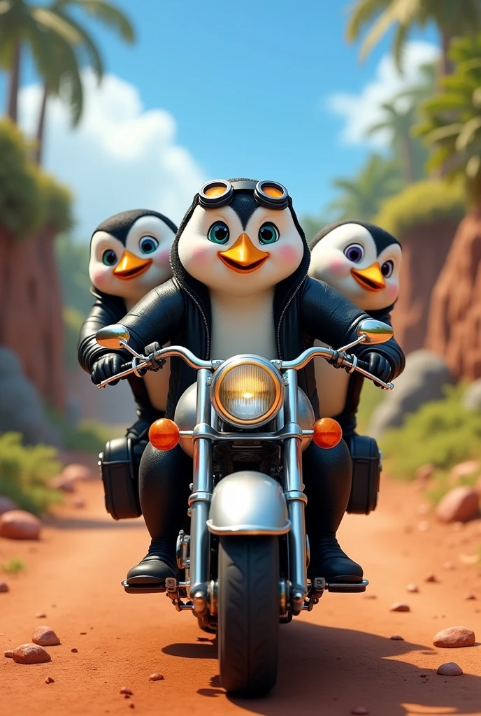 Los pingüinos de maladacar con una moto 🏍️ en frente realista 