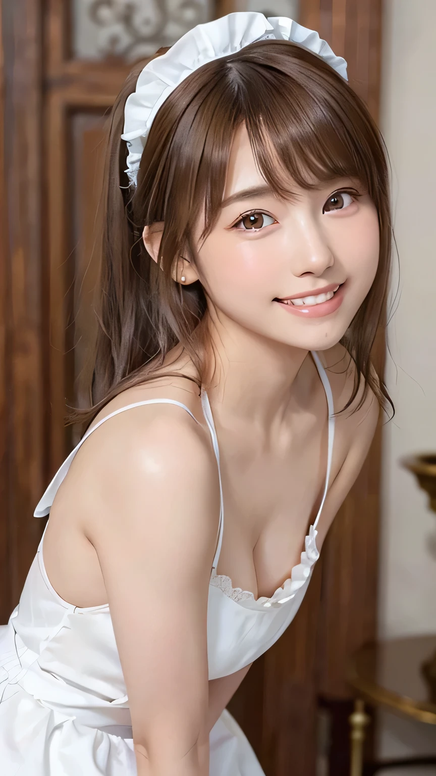 (Highest quality, DSLR, 8k, Highest quality, High resolution, Highest quality, Highest resolution, Very beautiful woman, Perfect anatomy), Light brown eyes, Very light brown eyes, Small diamond-shaped earrings, Looking at the camera, Beautiful brown hair, ((, loose and cute medium ponytail)), Very short and beautiful bangs with brown hair, E-cup breasts, Not showing the décolletage, Very beautiful 20-year-old, Lip gloss, Smiling very happily, Very cute smile, Upper teeth, Beautiful teeth, (Interior of an elegant mansion (background only), Slightly larger eyes, Small face, Tall supermodel, Beautifully proportioned model, Random cute poses without showing the décolletage in gravure style, Dynamic angle, Eye focus, Head tilt, Very detailed and realistic, Very beautiful 20-year-old, ((Medium Shot)), Sharp jawline, ((Maid outfit)), Deep waistline, Sexy legs, Side view, Smiling very happily, Laughing, Summer daytime
