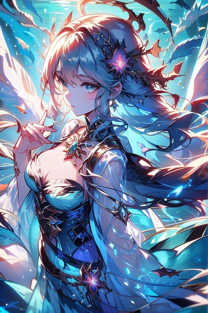 With shimmering silver scales resembling a starry night sky, the mermaid's wide eyes gleam with a celestial glow. She floats gracefully in a whimsical underwater scene, her tail elegantly swaying among colorful coral reefs and schools of tropical fish. This visually stunning painting captures the beauty and magic of an enchanted underwater world, inviting viewers to escape into a realm of fantasy and wonder.
