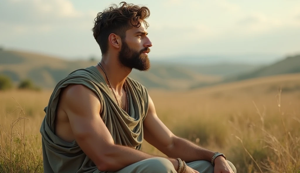 A young, handsome Stoic philosopher with a well-proportioned and attractive physique, sun-kissed skin, very short and well-trimmed beard, and wavy, well-styled hair. He is dressed in classic tunics in soft earthy tones - gray, brown, and olive green - with subtle gold and copper details. He is seated in a serene, open field or a tranquil natural setting, reflecting a posture of relaxation and contemplation. The environment should be free from distractions, with gentle, natural lighting and a calm, uncluttered background. The scene should evoke a sense of mental clarity, freedom, and alignment with the natural order, highlighting the philosopher’s peaceful and balanced state of mind.