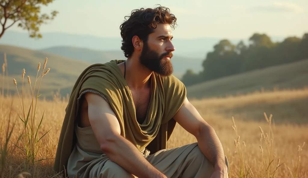 A young, handsome Stoic philosopher with a well-proportioned and attractive physique, sun-kissed skin, very short and well-trimmed beard, and wavy, well-styled hair. He is dressed in classic tunics in soft earthy tones - gray, brown, and olive green - with subtle gold and copper details. He is seated in a serene, open field or a tranquil natural setting, reflecting a posture of relaxation and contemplation. The environment should be free from distractions, with gentle, natural lighting and a calm, uncluttered background. The scene should evoke a sense of mental clarity, freedom, and alignment with the natural order, highlighting the philosopher’s peaceful and balanced state of mind.