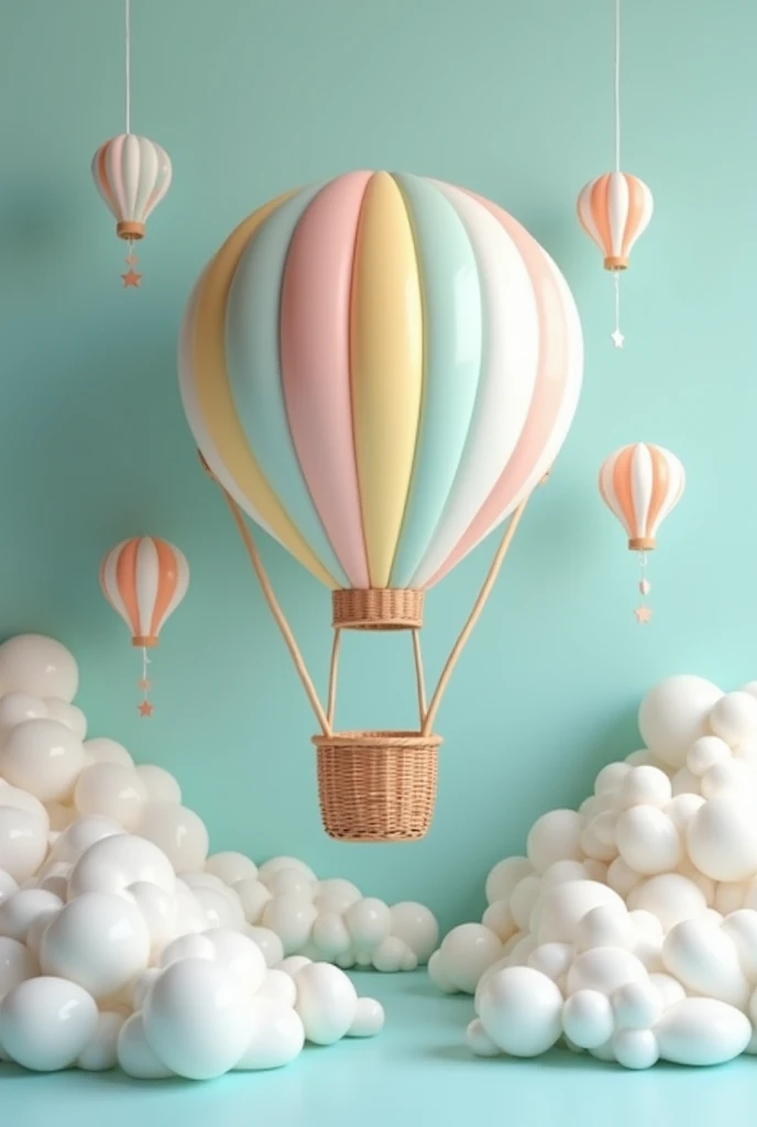 I want to create a photo scenario. Closed location with photo backdrop for a children's clothing campaign. wall in a very light baby blue tone, with a big hot air balloon with lots of balloons and a straw basket, the balloons in white tones, light pink, light yellow, light blue and light green. Very light colors. Around the balloon, little white clouds