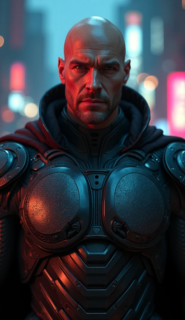 {
"subject": "Lex Luthor in his war armor, with an unarmored face and armored chest, facing forward and looking directly at the viewer",
"type": "photorealistic image",
"environment": "futuristic cityscape at night, with neon lights illuminating his face",
"art_style": "hyper-realistic",
"inspirations": "Greg Rutkowski, Beeple, Simon Stålenhag",
"camera": "Canon EOS R5",
"lens": "Canon RF 85mm F1.2L",
"shot": "medium close-up shot, focused on the face and armored chest",
"render_details": "{crisp details, ultra-high-definition, ray tracing}",
"lighting": "cinematic lighting, with balanced shadows and highlights",
"filters": "HDR filter, slight bloom effect",
"resolution": "8K resolution"
}