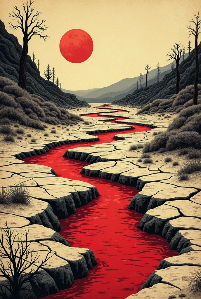 Create a series of seven detailed woodcut-style illustrations 1. **Water turned to blood**: Show a dry riverbed in the backlands, with the little remaining water turned into blood.
the illustration must be done in the traditional woodcut style, emphasizing strong contrasts, detailed textures and the roughness of the backlands landscape.