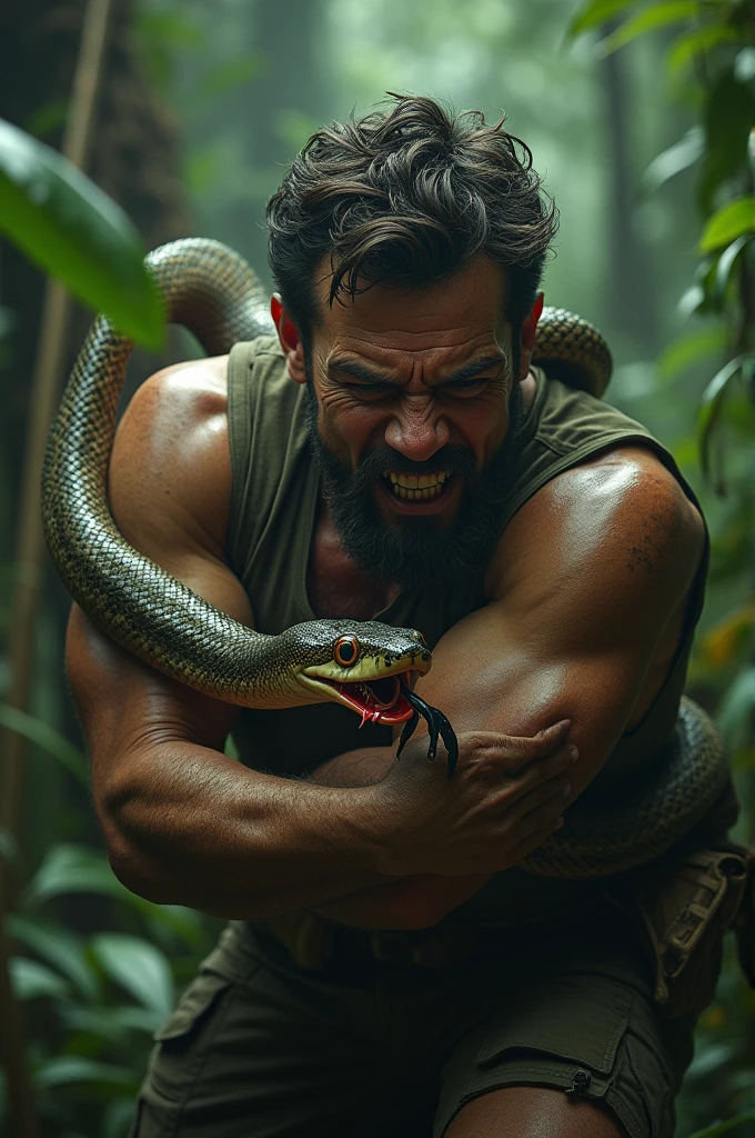 Generates an image of a man being bitten by a snake 
