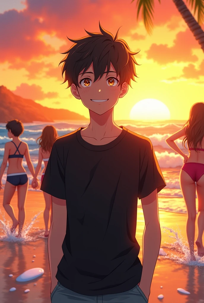 Create an image featuring a 20-year-old anime boy standing on a beach during sunset, wearing a black t-shirt. He has a mischievous and flirty smile on his face, looking forward confidently. In the background, several girls in swimsuits are enjoying the beach, creating a lively and playful atmosphere. The sun is setting, and the waves gently crash onto the shore, adding to the vibrant, summery scene.