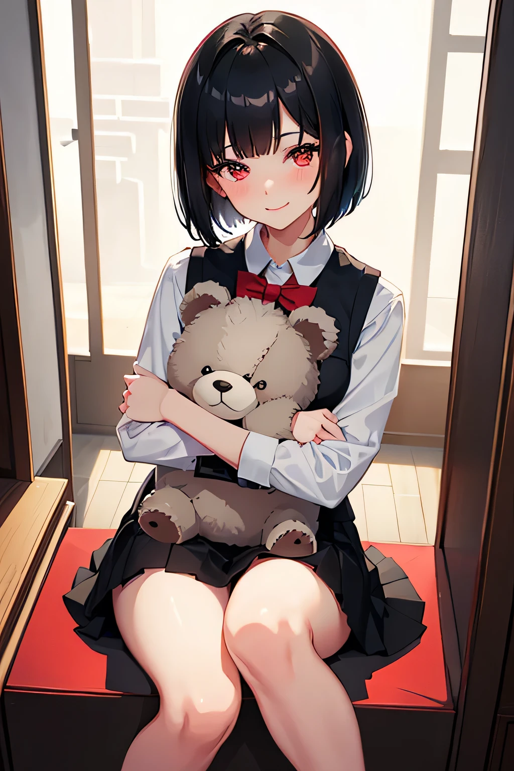 1 stunningly beautiful smiling college girl, blushing, short black hair, bob cut, wearing a Japanese school uniform, red eyes, Alice the bully, 18 yo, ((short black skirt)), toned legs, red bow, ((light gray closed vest)), cradling a ((fluffy black teddy bear)) in a store,