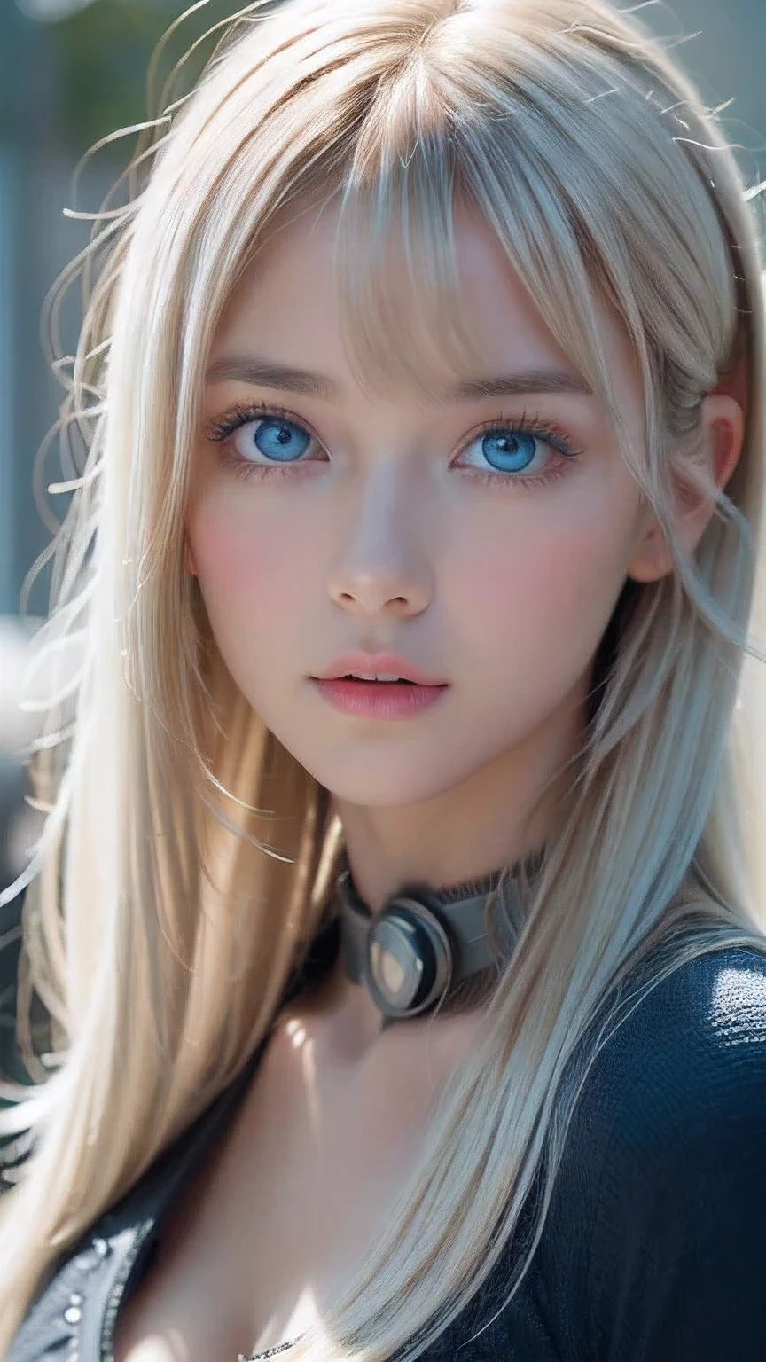 Highest quality、8K masterpiece、Ultra-high resolution、(Realistic:1.3)、RAW Photos、 A beautiful girl with mysteriously shining blonde hair of Nordic descent、Silvery blonde hair、Super long straight hair、Bangs between the eyes、Bangs that fall over the eyes、Bangs over one eye、Bangs between the eyes、Incredibly white, glowing skin、1. Cyberpunk Super Beautiful Soldier、((Ultra-Realistic Details))、Portraiture、Global Illumination、Shadow Realm、Octane Rendering、8k、Ultra Sharp、metals、Cool colors、、Very intricate details、Realistic Light、Trends of the CG ociation、Very beautiful big bright blue eyes、Very big eyes、Eyes shining at the camera、Neon Details、Small Face Beauty、Round face、Highlights of cheek luseyeliner、Double eyelids