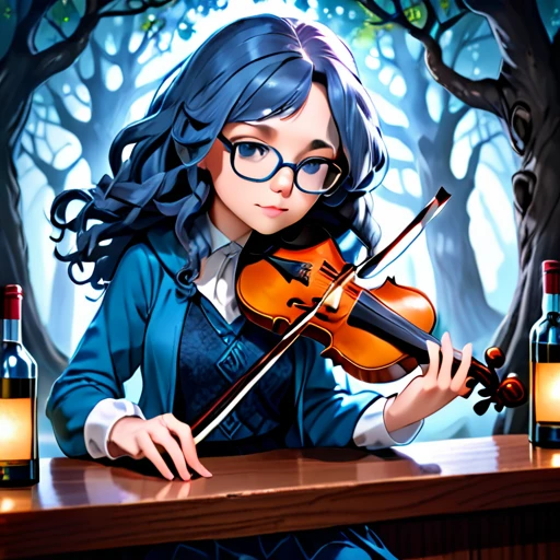 psychedelic work of art,absurd resolution,8k,1 halfling mysterious girl,hair blue,freckles,Celtic clothing,glad,beautiful hands,at the bar,violin, tree, adventurous, exploring with cute capybara
dark glasses