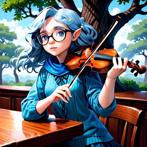 psychedelic work of art,absurd resolution,8k,1 halfling mysterious girl,hair blue,freckles,Celtic clothing,glad,beautiful hands,at the bar,violin, tree, adventurous, exploring with cute capybara
dark glasses
