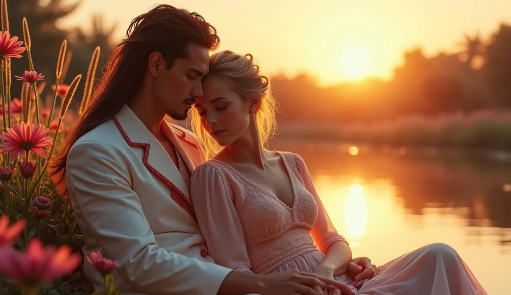 Um couple, one man and one woman, futuristic clothes, Traditional romance, surrounded by flowers, friendship, resting his head on the shoulder of , Tenderness, best friends, heartwarming, hugs, sitting in front of a pond, In a futuristic setting, with the sun rising in the background, hugging, next, Beautiful photo, inspirational, precious moments, couple, hug, romantic couple, touching