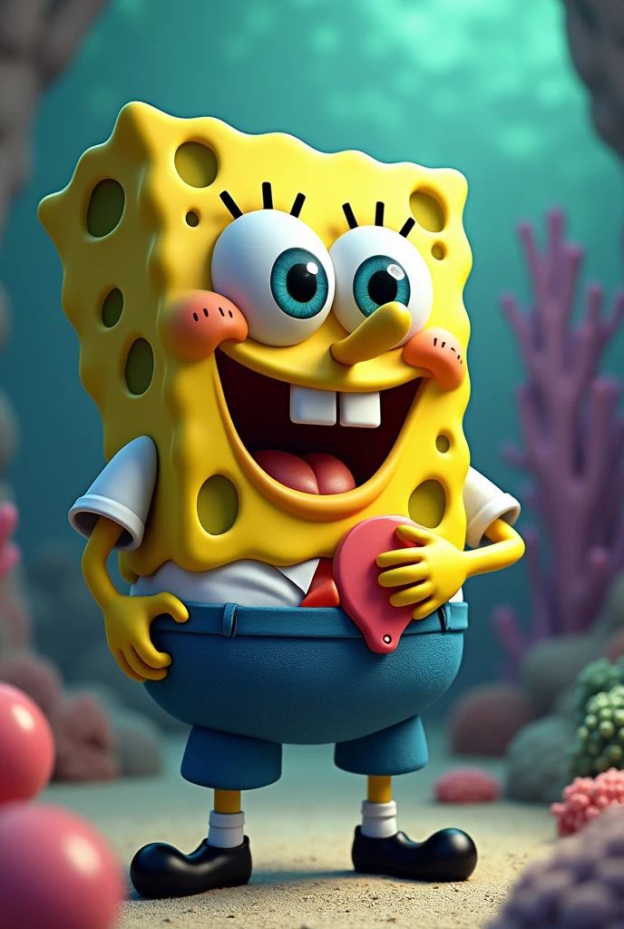 a spongebob character in a surreal, fantastical cartoon style, spongebob reaching into patrick's pants, stroking patrick's detailed penis, bright vibrant colors, 4k, highly detailed, intricate, sharp focus, cinematic lighting, photorealistic, masterpiece