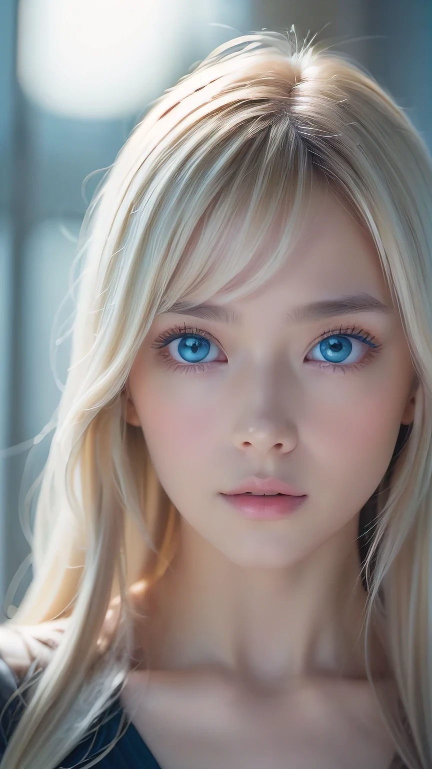 Highest quality、8K masterpiece、Ultra-high resolution、(Realistic:1.3)、RAW Photos、 A beautiful girl with mysteriously shining blonde hair of Nordic descent、Silvery blonde hair、Super long straight hair、Bangs between the eyes、Bangs that fall over the eyes、Bangs over one eye、Bangs between the eyes、Incredibly white, glowing skin、1. Cyberpunk Super Beautiful Soldier、((Ultra-Realistic Details))、Portraiture、Global Illumination、Shadow Realm、Octane Rendering、8k、Ultra Sharp、metals、Cool colors、、Very intricate details、Realistic Light、Trends of the CG Association、Very beautiful big bright blue eyes、Very big eyes、Eyes shining at the camera、Neon Details、Small Face Beauty、Round face、Highlights of cheek luster、eyeliner、Double eyelids