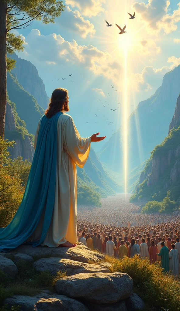 Jesus teaching on a mountain with thousands of people watching, In the background there are valleys and forests and in the sky a light shines brightly and there are colorful birds in the sky Jesus is wearing a white cloak with a blue part