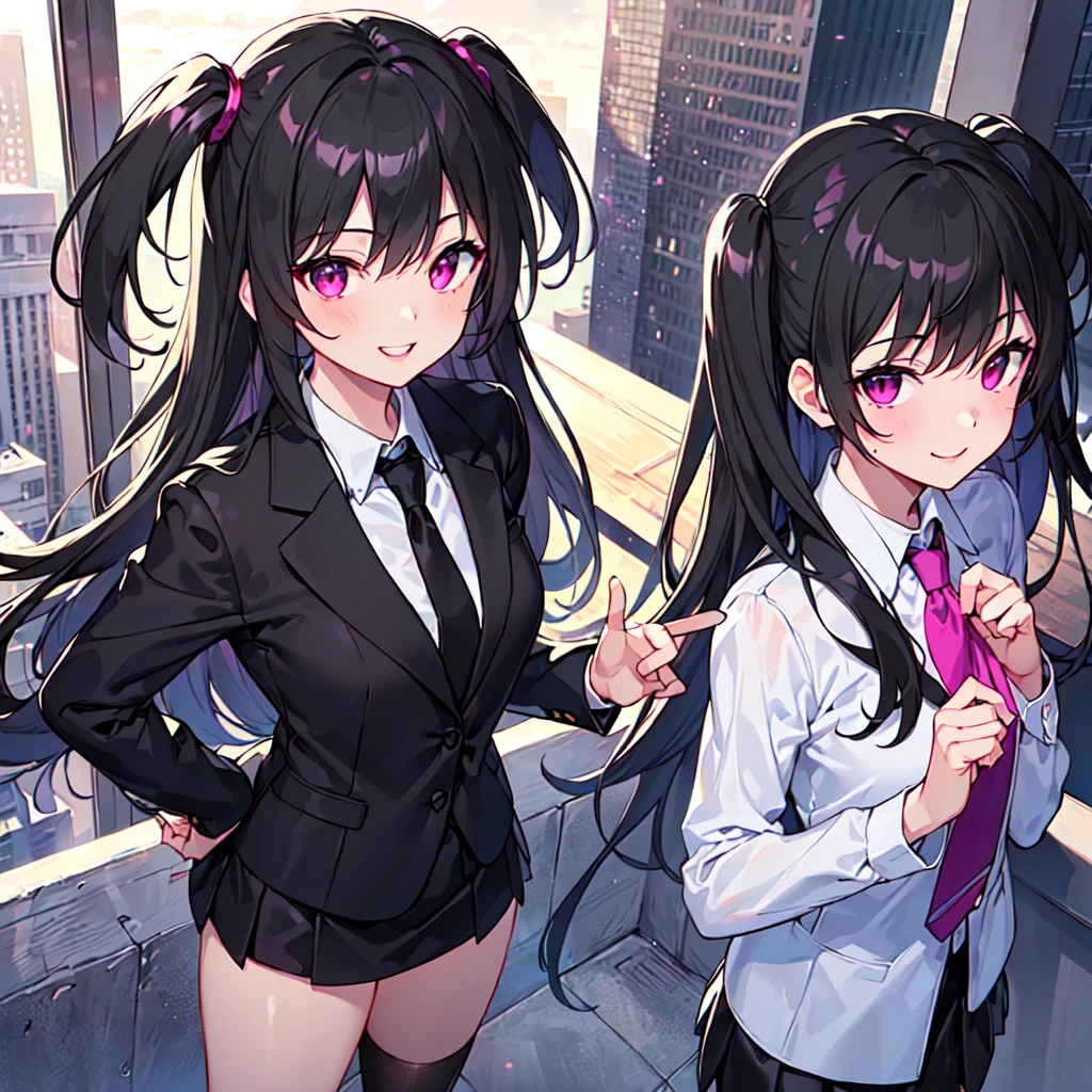 masterpiece, best quality, high quality, extremely detailed, very delicate and beautiful, (1 female 1 solo:1.5), (two side up long black hair:1.5), bangs to eyebrows, eyes sharp and bright (eye color magenta:1.3), 6.5 head height, (office lady in black suit and tight mini skirt:1.3), (knee socks), (lace), (standing), (dynamic pose), (smiling), (background skyscraper rooftop:1.3), (Milky Way Night Sky:1.3), (upper body:1.3)