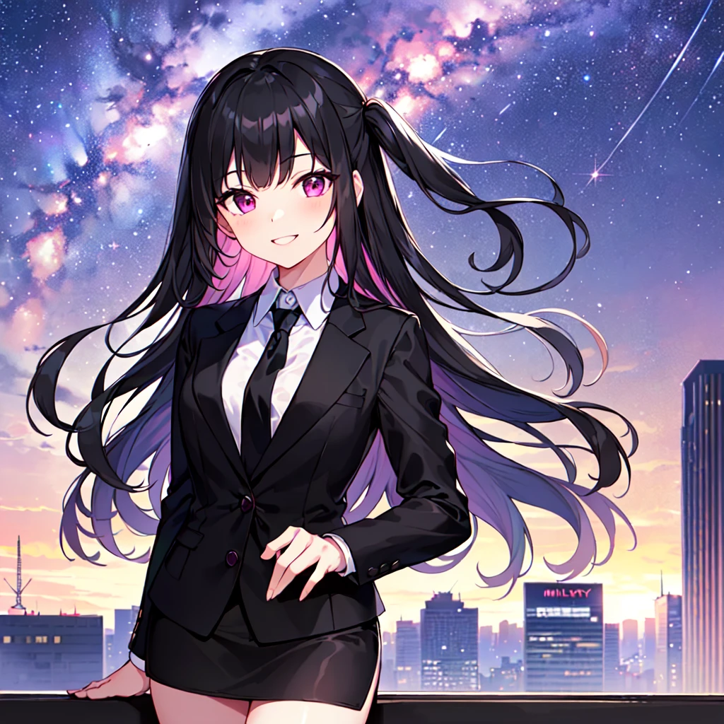 masterpiece, best quality, high quality, extremely detailed, very delicate and beautiful, (1 female 1 solo:1.5), (two side up long black hair:1.5), bangs to eyebrows, eyes sharp and bright (eye color magenta:1.3), 6.5 head height, (office lady in black suit and tight mini skirt:1.3), (knee socks), (lace), (standing), (dynamic pose), (smiling), (background skyscraper rooftop:1.3), (Milky Way Night Sky:1.3), (upper body:1.3)
