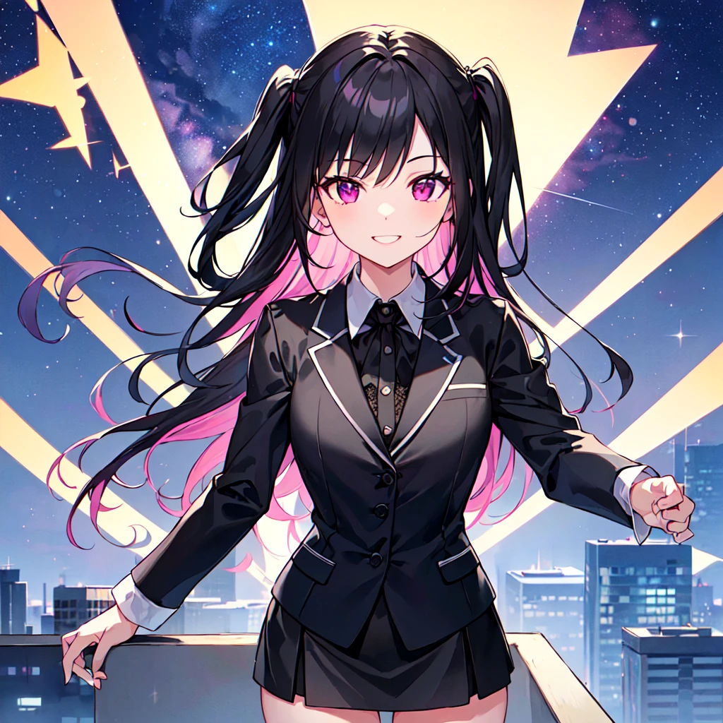 masterpiece, best quality, high quality, extremely detailed, very delicate and beautiful, (1 female 1 solo:1.5), (two side up long black hair:1.5), bangs to eyebrows, eyes sharp and bright (eye color magenta:1.3), 6.5 head height, (office lady in black suit and tight mini skirt:1.3), (knee socks), (lace), (standing), (dynamic pose), (smiling), (background skyscraper rooftop:1.3), (Milky Way Night Sky:1.3), (upper body:1.3)