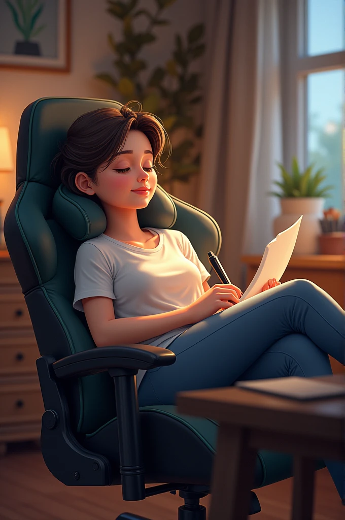 Person sitting in a gaming chair with a massage pillow, and also relaxed in drawing the drawing please 