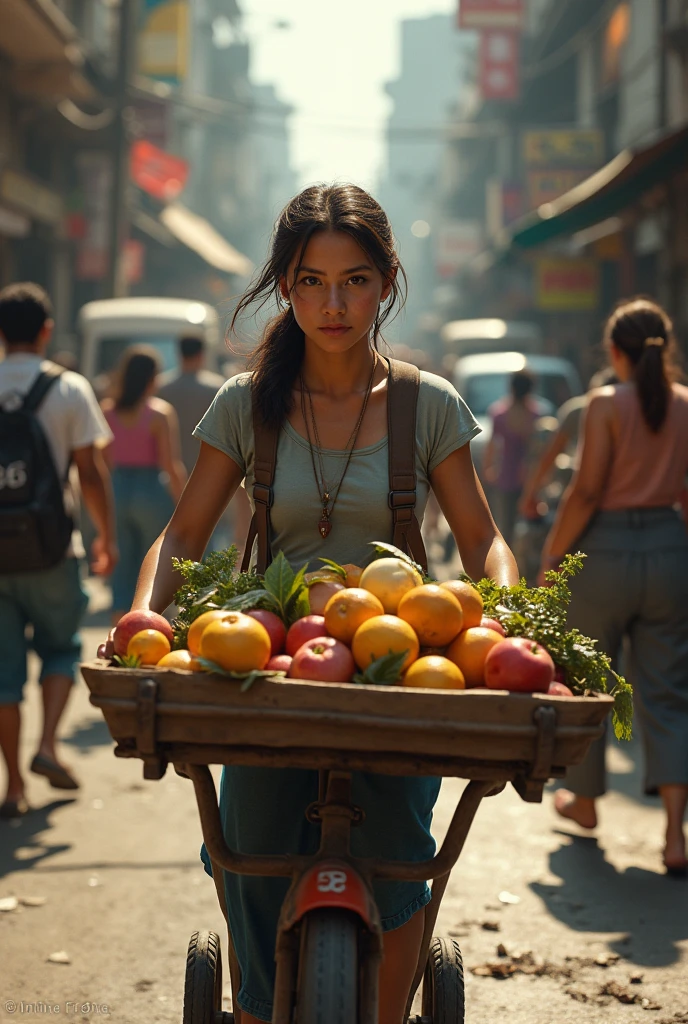bottom: A bustling street with people walking and moving vehicles.
Maria: A young woman with a cart full of fruits and objects, dressed modestly. She appears tired but with a resilient attitude. The environment is chaotic, but the focus is on her and her effort.
