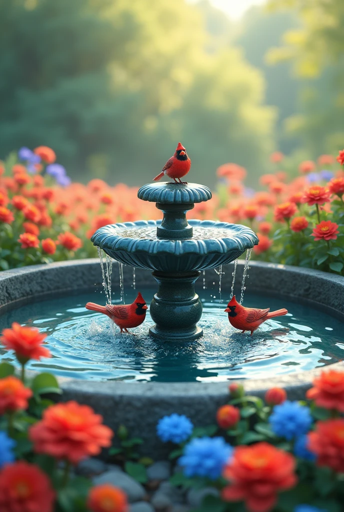 Water fountain with blue and red cardinal birds bathing in the background of a flower field 