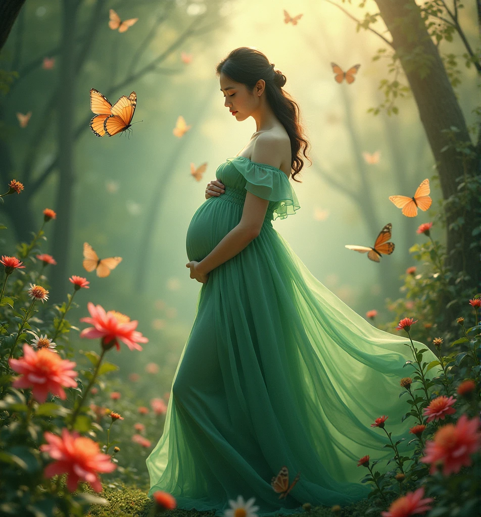 pregnant woman in green dress surrounded by butterflies and flowers, a digital rendering inspired by Tang Yifen, shutterstock contest winner, conceptual art, maternal photography 4 k, full body portrait shot, award winning studio photo, full body photograph, full body portrait, color studio portrait, whole body photography, woman in flowers, portrait photo of a backdrop, korean artist