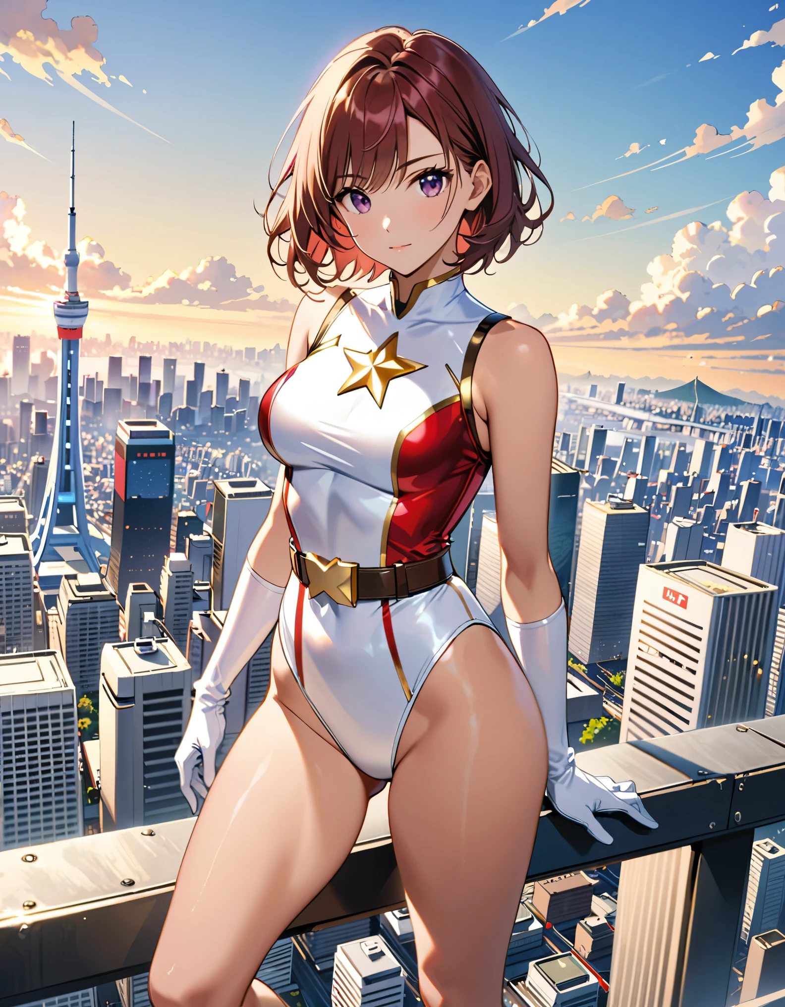 (masterpiece), (best quality), (high res), medium breasts, ((leotard, white and red leotard, matching leotard, sleeveless, bare legs)), ((tight belt, gold belt)), ((boots, matching boots, ankle-high boots, white boots)), ((gloves, white gloves)), city backdrop, tokyo city backdrop, solo, solo focus, standing, (full body), cowboy shot, superhero, ((beautiful detailed eyes)), ((gold star symbol on chest)), (brown hair, medium hair, bob hair, purple eyes), (perfect hands, perfect ???????), cowboy shot, superhero, ((beautiful detailed eyes)), full body costume design.