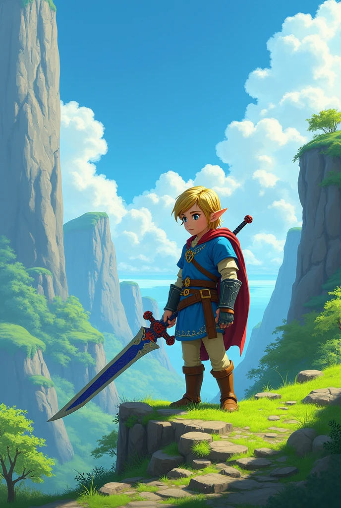 Fantasy-style digital illustration, featuring a young character Zelda Link with fair skin and blonde hair, standing on a grassy, moss-covered hill. The character is dressed in medieval-style armor and clothing, holding a large, ornate sword with a blue blade and red details. The background shows a vibrant, lush landscape with towering cliffs and a bright blue sky filled with fluffy white clouds. The overall color palette is bright, with a strong emphasis on greens and blues, creating a sense of adventure and exploration .4K, anatomically correct, masterpiece, high details, award winning, high quality, super detail, best quality, 8k