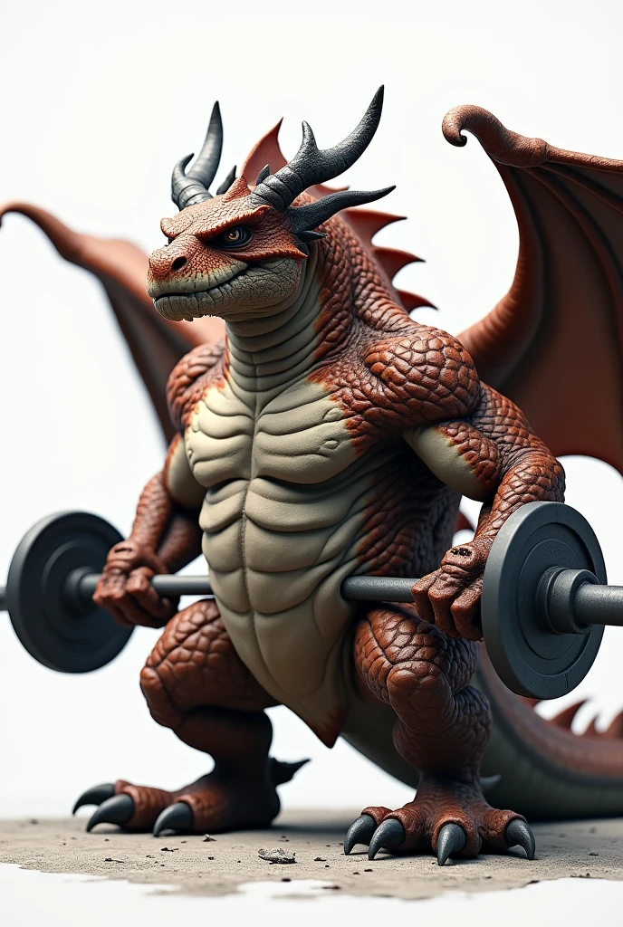 create an image of a dragon with an expression of effort, that he looks fat and muscular with weights in his hands and a white background