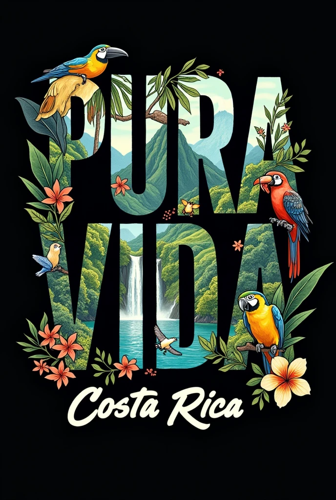 Image to print a shirt that says PURA VIDA but the background of the letter is representative animals of Costa Rica and below in a thinner and smaller letter that says Costa Rica( Landscapes and animals must be within the letters that say pure life, They cannot protrude or go beyond the edges of the letters and they have to be real.)
And I need the background of the image to be black, real landscapes and real animals