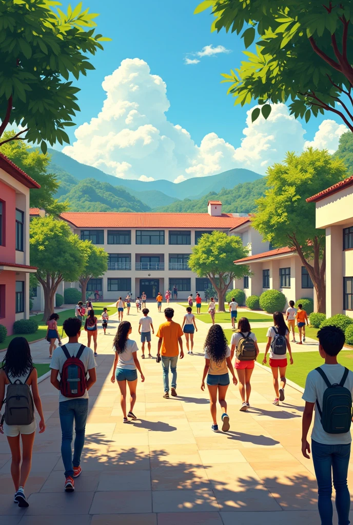 A school with diverse high school students, walking around the campus, act naturally in Brazil