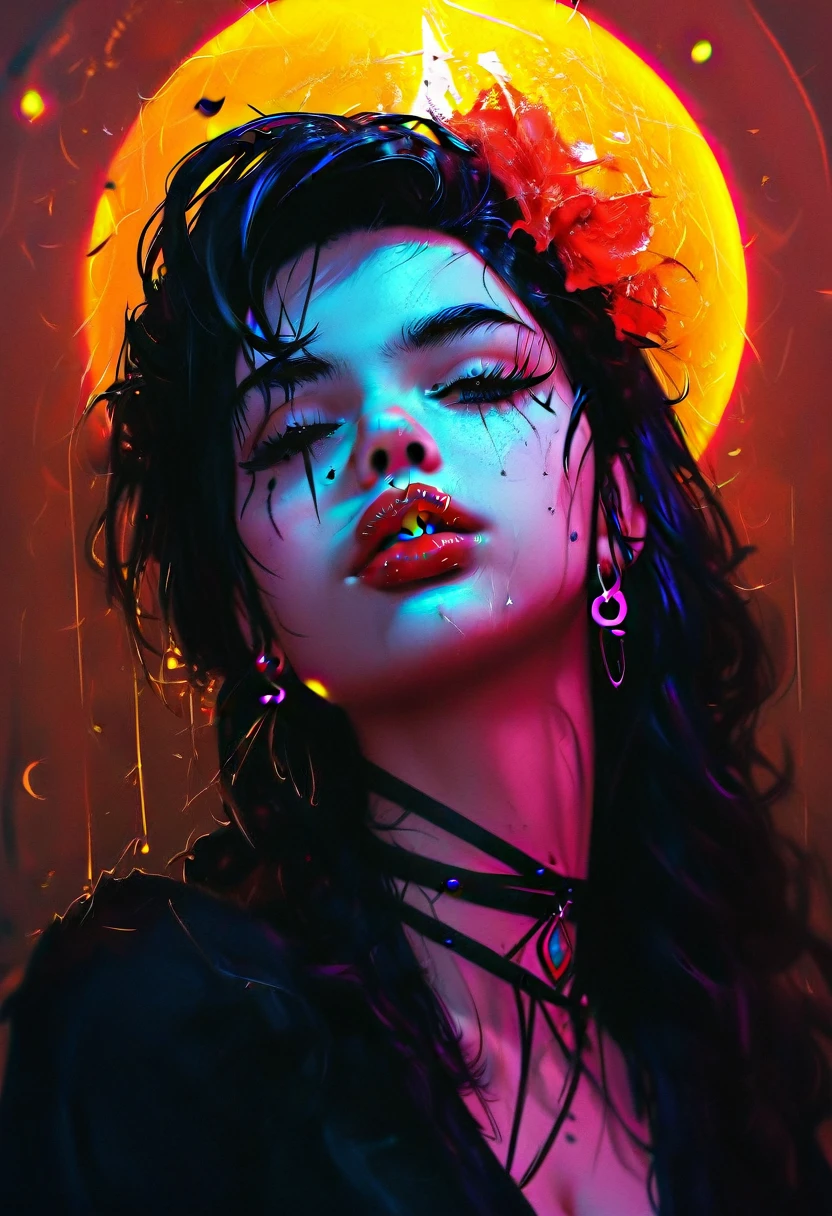 A character with an imposing and energetic appearance, wrapped in intense flames of vibrant colors ranging from orange to purple, creating a feeling of overwhelming power. His hair is white and messy, contrasting with a black mask covering his eyes, giving it an enigmatic and dangerous air. The character wears a dark tunic tied with a ribbon., while his body seems to emanate a fiery energy that distorts into chaotic patterns around him. The lines of fire and energy blend with your figure, highlighting his control over immense forces. The art style is colorful and dynamic, with thick strokes and fluid movements that convey a sense of action and supernatural power