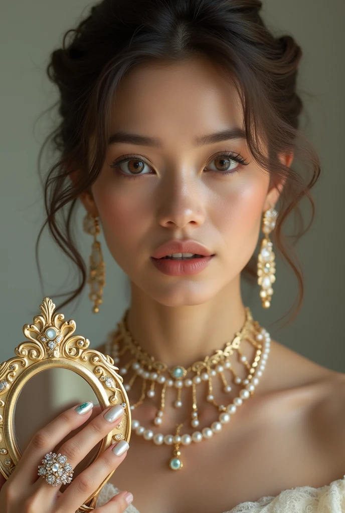 Woman holding a mirror with pearls and a ring, photo of a hand jewelry model, Wearing elegant jewelry, Gold and pearls, exquisite fine details, gold jewelry, gold-plated jewelry, gold jewelry, exquisite details, detailed jewelry, gold jewelry, jewelry beads, elegant and ornate, ornate and elegant, detailed jewelry, gold jewelry, Very detailed and beautiful nails , Elegant and eye-catching nails , wonderful and magical nails